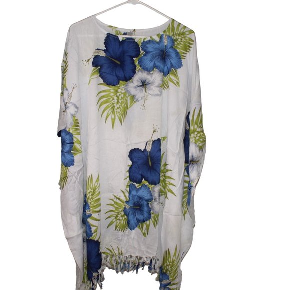 Aloha Wear Hawaiian One Size Fits Yellow Blue HIbiscus Flower Swimsuit Cover Up - Picture 2 of 6